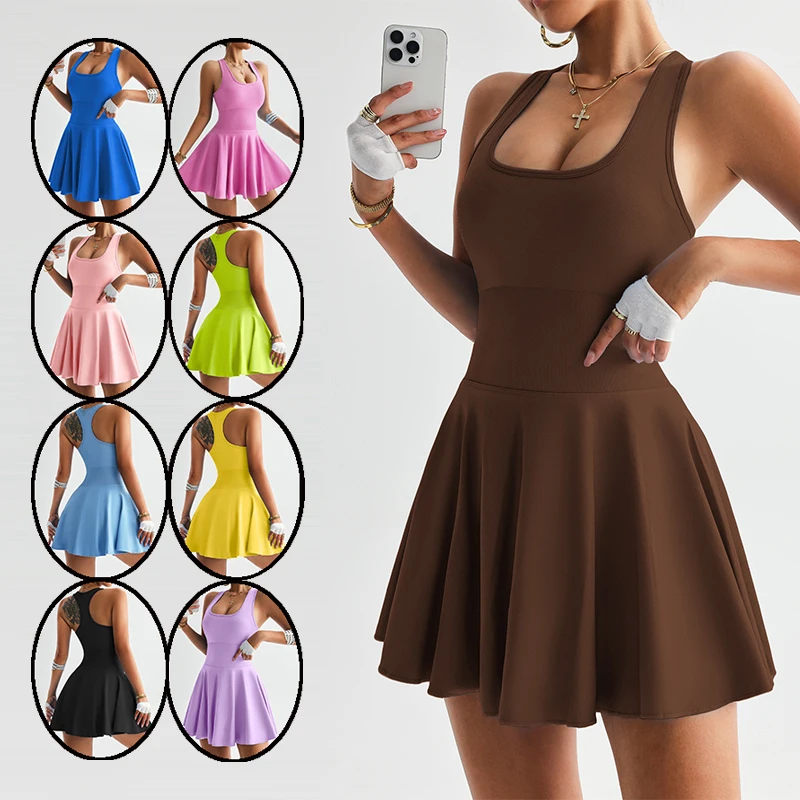 Women Sexy Backless Fitness Tennis Dress Sleeveless U-Neck Training Dresses Slim Tennis Skirt with Bra & Short Casual Yoga Sport