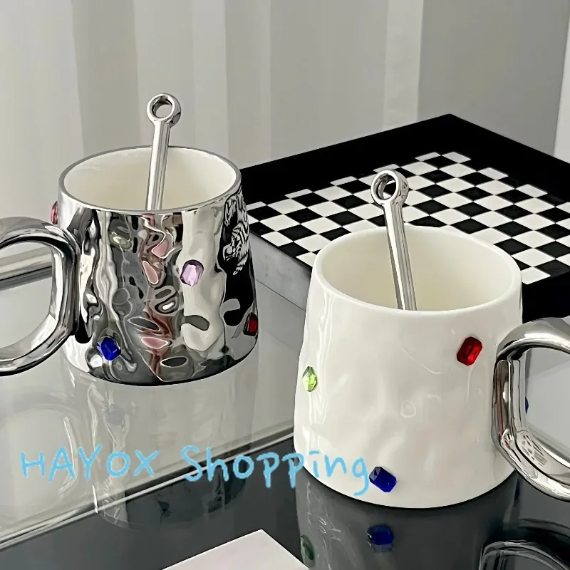 

Creative Jewel Ceramic Cup with Spoon, White Silver Premium Coffee Mug Household Mug, Luxury Drinking Set for Couple Cup