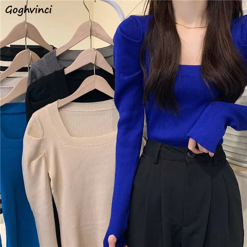 Pullovers Women French Style Inside Leisure Sweater Square Collar Crop Personal Puff Sleeve Elegant Sexy Sweet Mujer Slim Tender