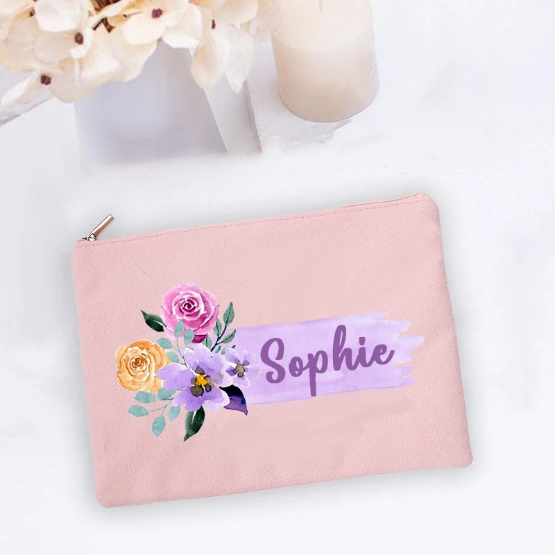 Bolsa de maquiagem personalizada flor personalizada com nome estojo cosmético organizador de produtos de higiene pessoal de viagem presentes de