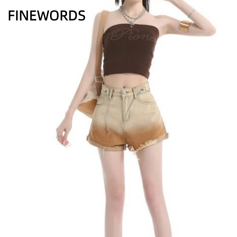 FINEWORDS Y2K Vintage Ombre Gradient Denim Shorts Women High Waist Frayed Raw Hem Jean Shorts with Chain Casual Streetwear
