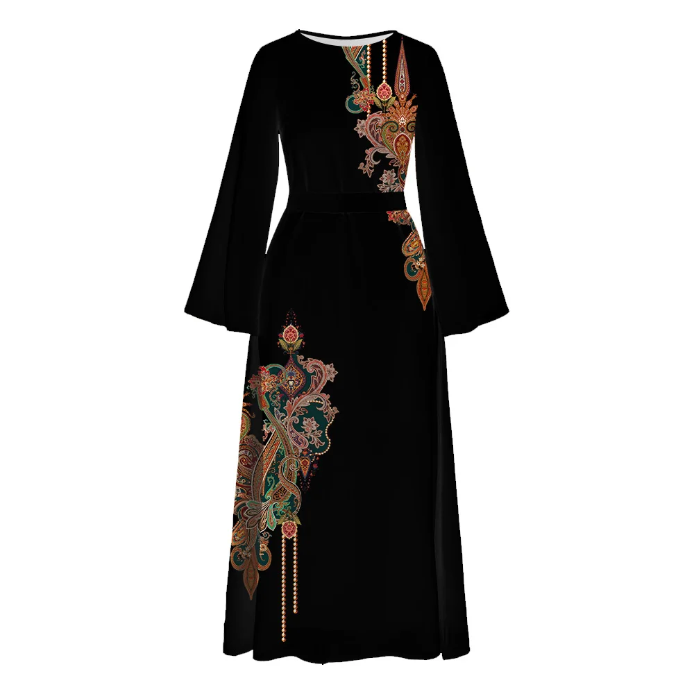 Muslim Abaya Islam Long Sleeve Tunic Robe Luxury Dubai Turkey Caftan Floral Printed Maxi Dress Casual Ramadan Female Vestidos