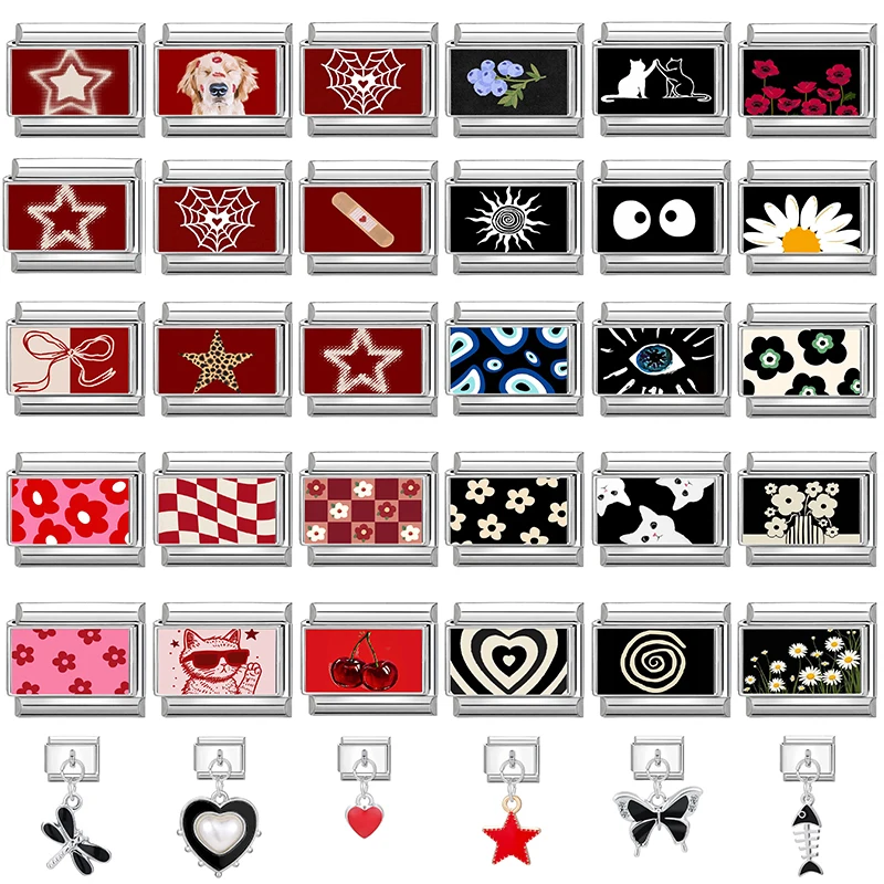 Moda personalizada diy preto cor vermelha italiano charme pulseira olhos gato listras coração grânulo 9mm pulseira jóias de aço inoxidável
