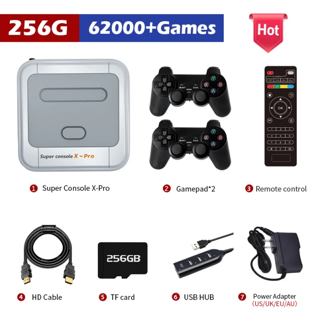 Super console x pro tv vídeo game console suporte kodi saída de tv embutido 50 emuladores 62000 + jogos para psp/n64/dc