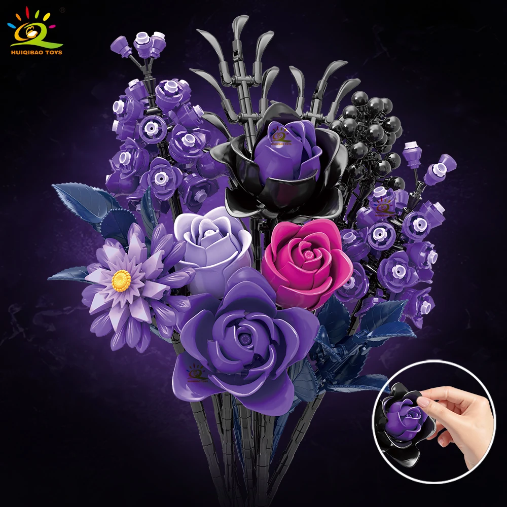 

HUIQIBAO MOC фиолетовый черный цветок роза модель строительные блоки DIY вечный букет кирпичные наборы игрушек для детей украшение дома для девочек