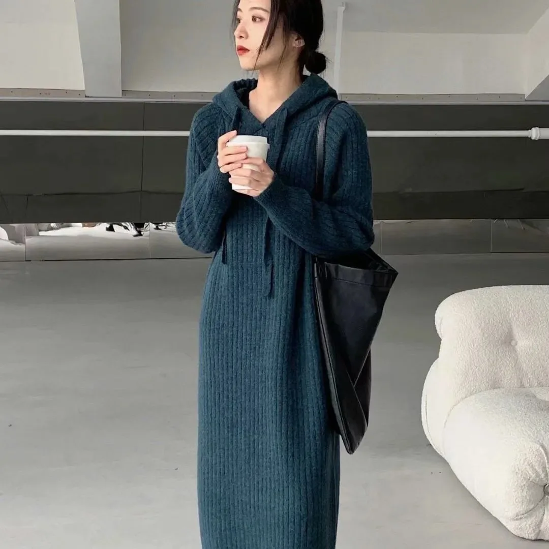 

Women's Loose Hooded Sweater Dress Spring Long Knitted Dresses Female Fashion Elegant Chic Solid Dress Ladies Clothing