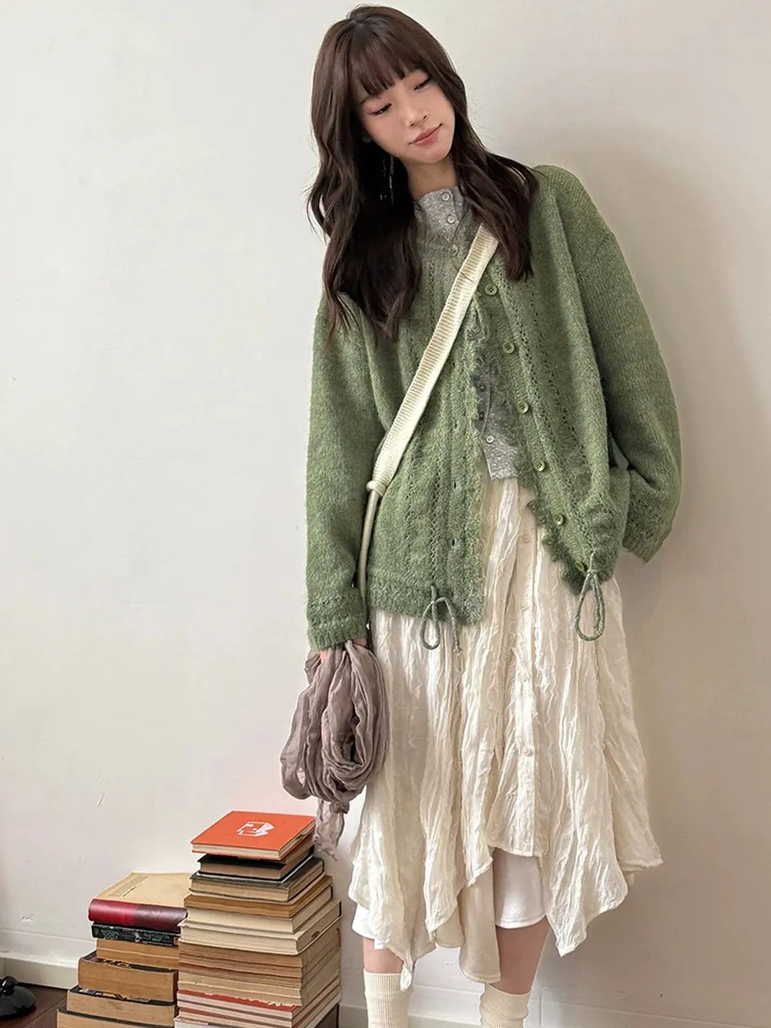 2026 Spring Autumn Women's Open Cardigan Sweater Loose Casual Design Knitted Top with Drawstring Korean Style Leisure Fashion