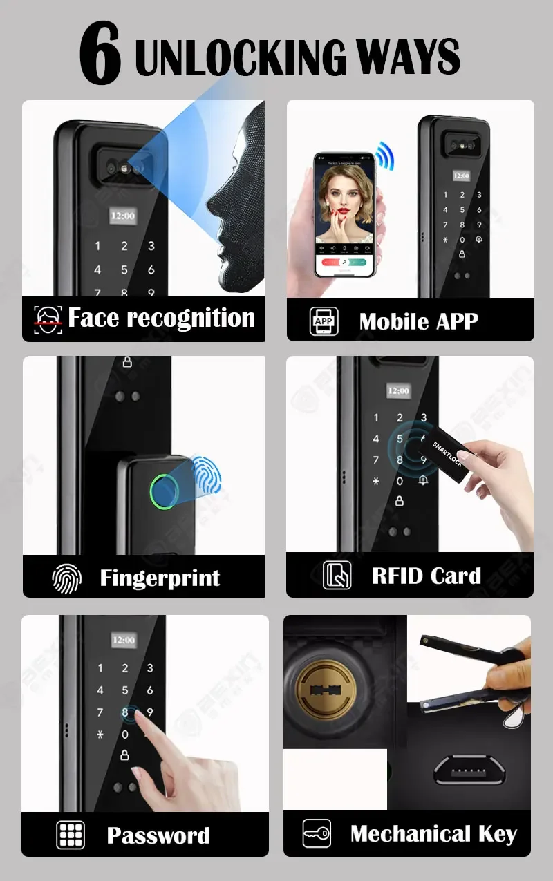 Tuya Wifi App Smart Lock met 3D-gezichtsherkenning en camera Video-intercom Deurslot Digitale kaart Nfc Keyless Safe Smart Lock