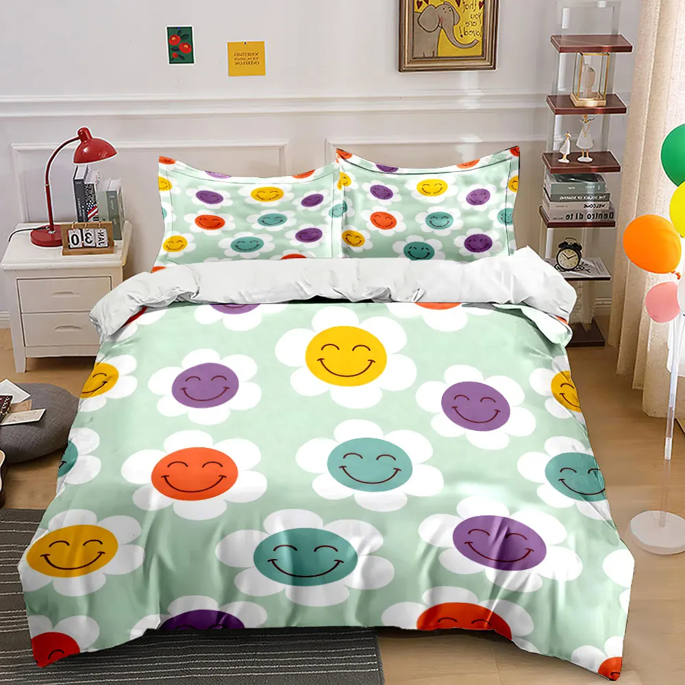 Smiling colorful floral Pattern Duvet Cover Set Digital Print Colorful Polyester Bedding with Zipper Closur for kids gifts