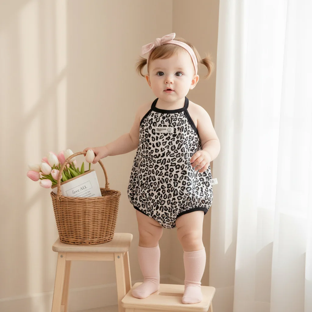 2026 Summer New Jumpsuit for Newborn Baby Cute Leopard Print Bag Fart Clothes Suspender Triangle Clothes