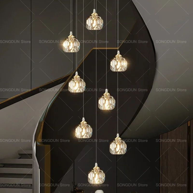 Duplex Spiral Staircase Long Chandelier Light Luxury Crystal Hall Light Modern Simple Loft Apartment Living Room Chandelier