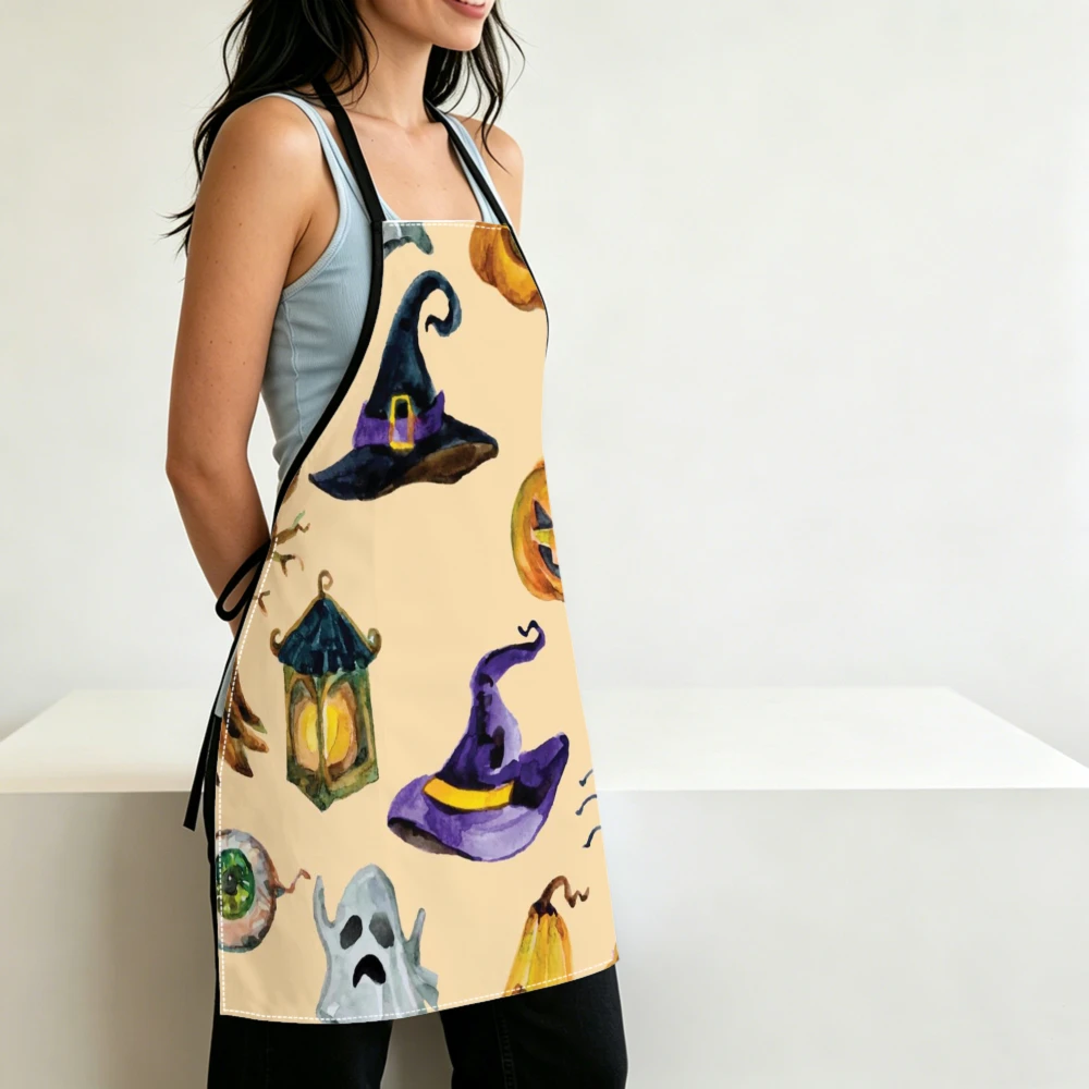 Watercolor Halloween Apron Witch Pumpkin Ghost Kitchen Aprons Cooking Baking Party Adjustable Bibs