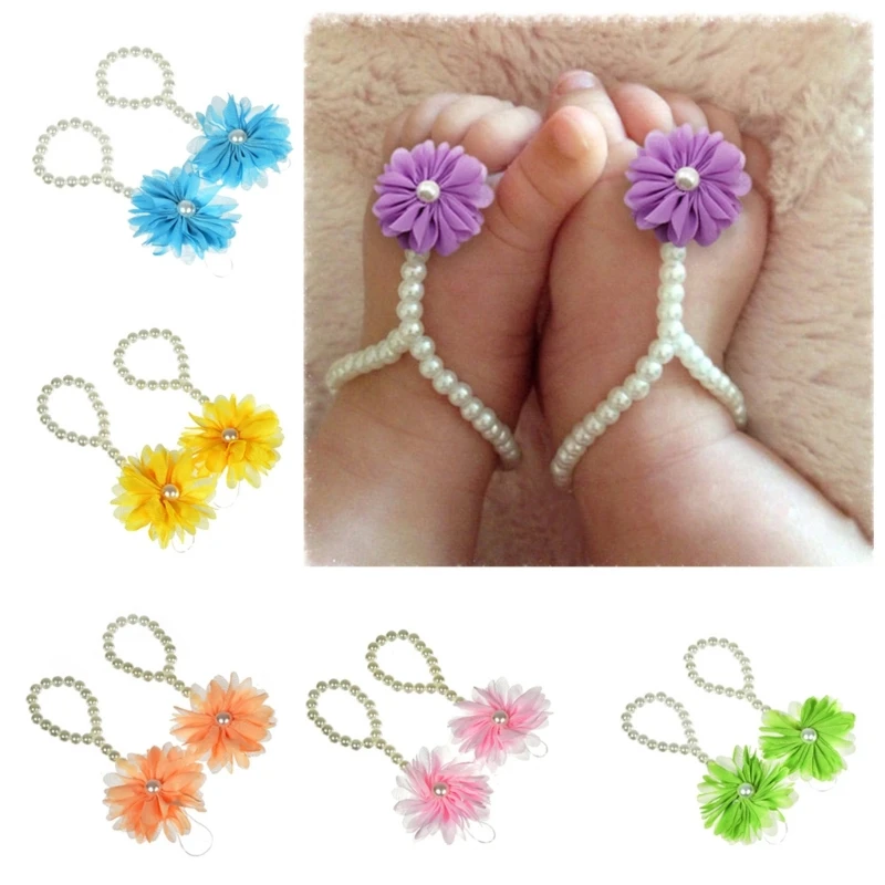 

Cute Newborn Baby Girls Barefoot Sandals Flower Pearl Shoes Foot Chain Anklets Accessories Kids Photography Props Gifts