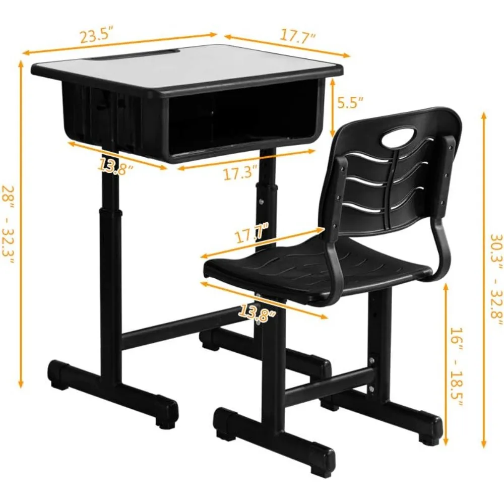 Desk and Chair Set for Students, Height-adjustable, with Drawer, Pen Slot and Hooks, Children's Desk and Chair Set