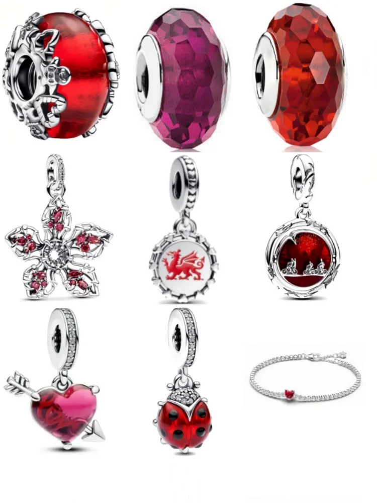 Hot Selling 925 Silver Red Heart-Shaped Bead Pendant Accessory, Bow Necklace Suitable For European Women's Exquisite Jewelry