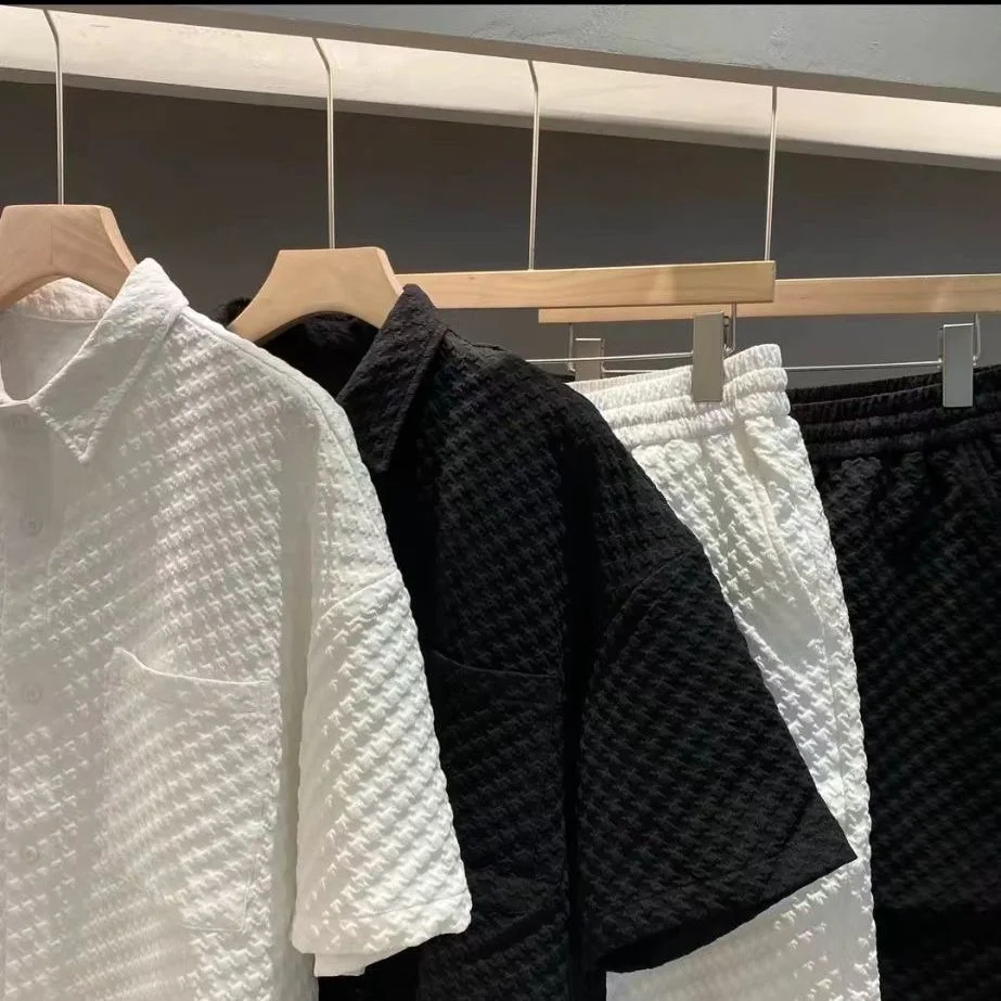 Men Suit clothes Set Oversize Plaid Lapel Short Shirts Solid Two-Piece Summer Casual Solid Short Sleeve Loose Fashion Streetwear