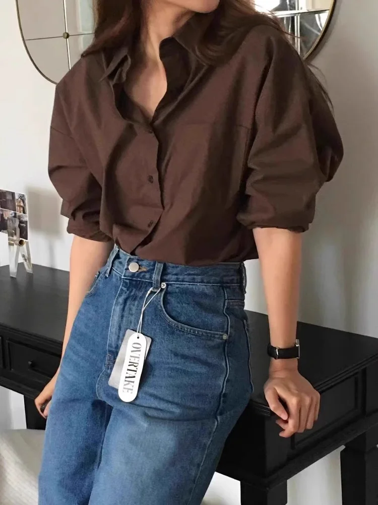 Café Brown Long Sleeve Women's Shirt Loose Design Spring Autumn Quality Vintage Hong Kong Style Pure Cotton Collar