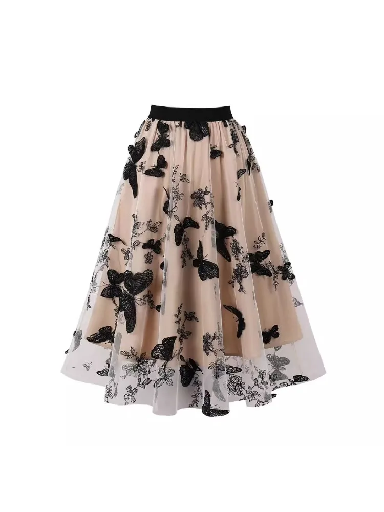 New high waist and thin A-shaped lace butterfly fairy mesh medium and long skirt women's skirt
