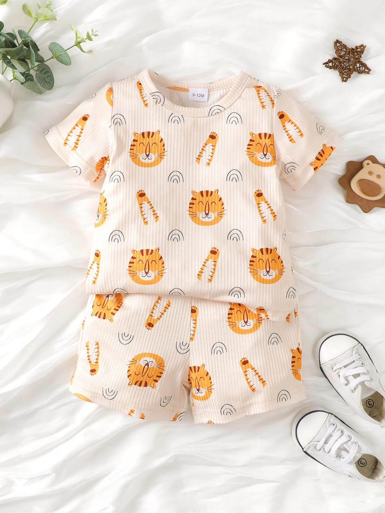 Summer Comfort Baby Cute Short Sleeve Casual Suit Cartoon Tiger Print Round Neck T-Shirt Top Elastic Waist Pants For Baby Boys