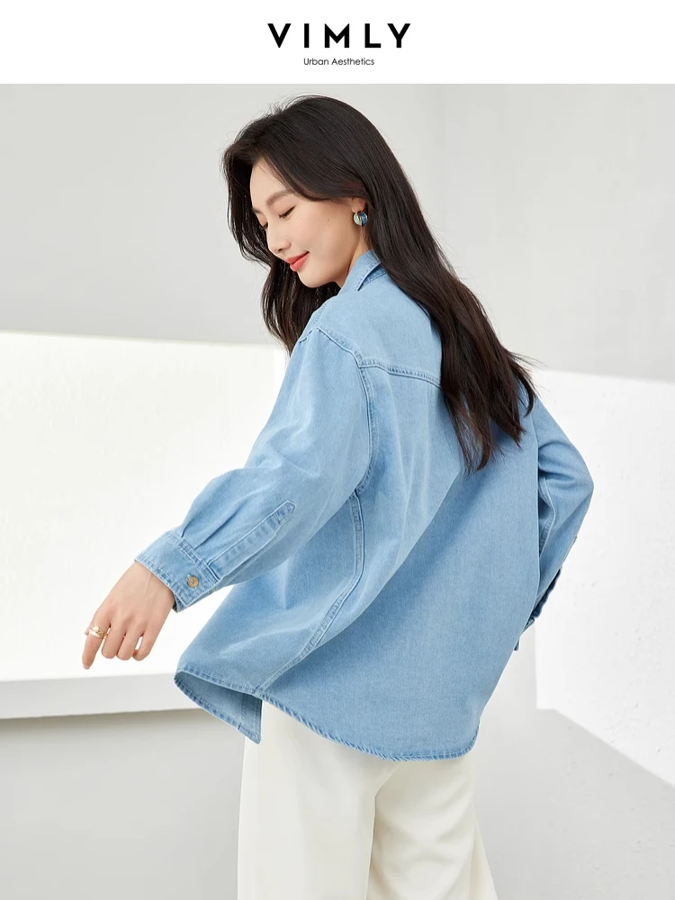 Vimly Women Blue Denim Shirt 2024 Spring New Casual Loose Retro Lapel Button Down Drop Long Sleeve Tops Denim Jacket Coat 72687