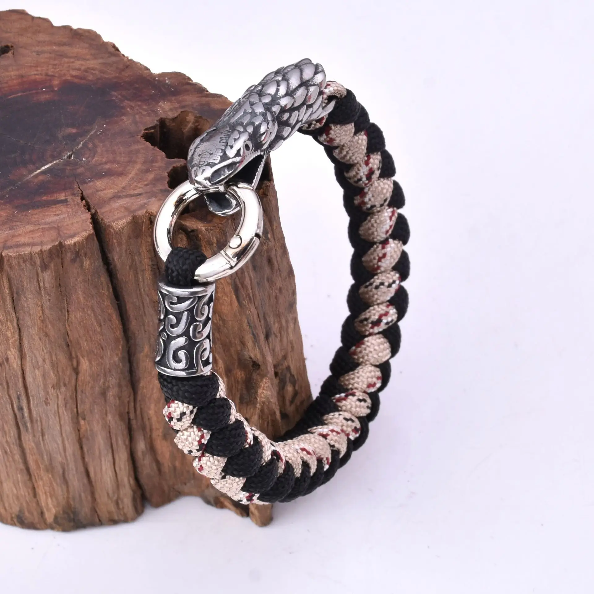 Men's stainless steel Viking snake head bracelet hand-crafted paracord braided outdoor survival bracelet