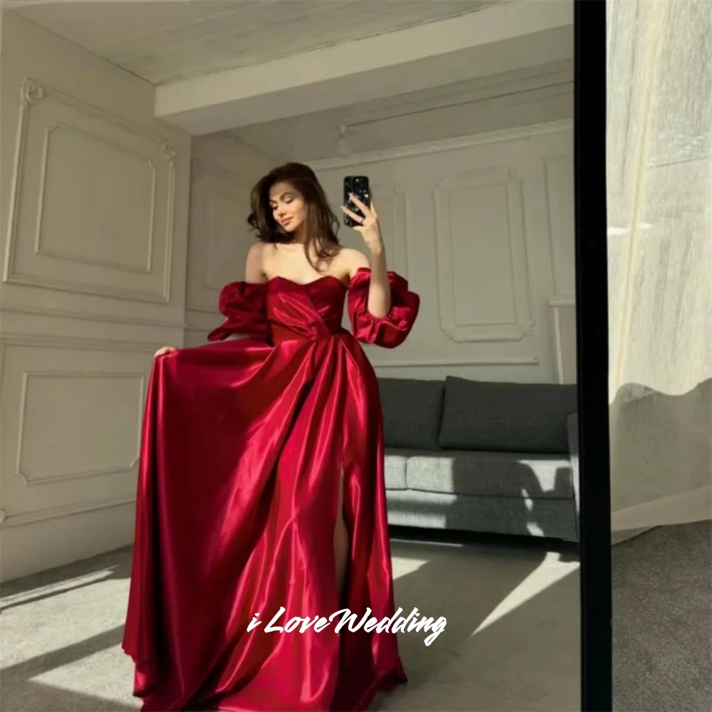 

Formal A-Line Winered Satin Evening Dresses Off the Shoulder Side Splite Wedding Party Dresseses Floor-Length vestidos de fiesta
