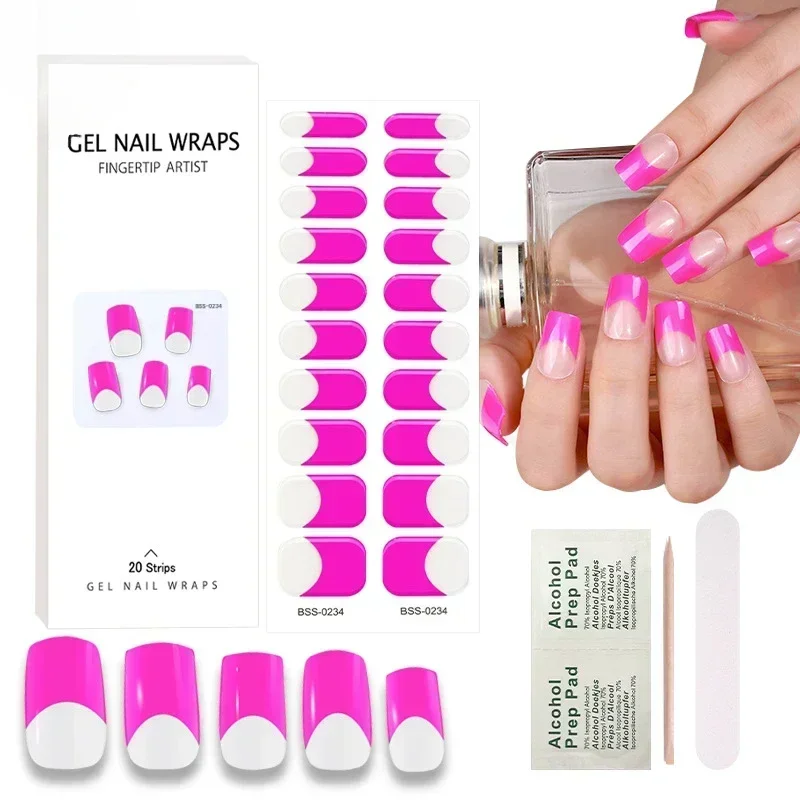 Geleia Rosa Fluorescente UV Gel Nail Art Adesivos, Remendo Semi-Curado, Pérola, Gradiente, Nu, Adesivo Slider, Longa Duração, 1 Folha