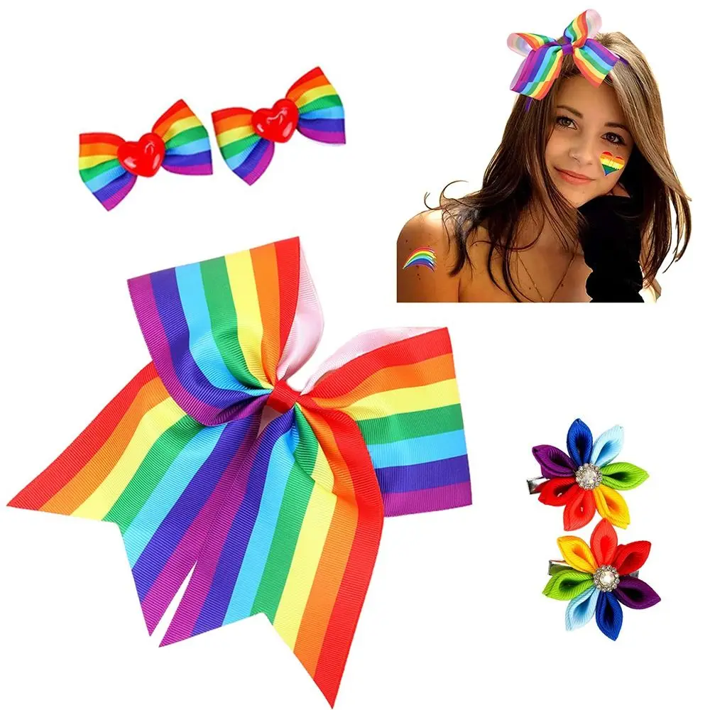 Elastic Rainbow Hair Clips Jumbo Large Unique Rainbow Hair Bow Ties Pride Day Not Harm Ponytail Pigtails Holders Party