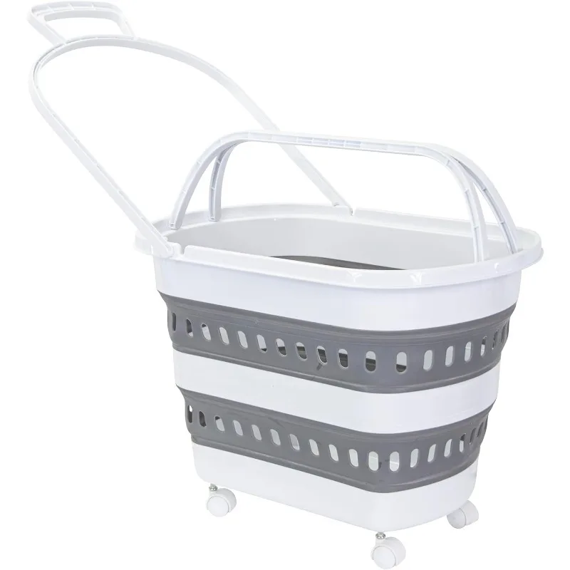 

Folding Gocart Collapsible Laundry Basket on Wheels Grocery Cart Shopping Foldable Pop Up Plastic Hamper Tote Han
