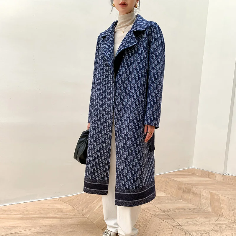 Double-Sided Wearable Autumn and Winter High-End Women\'s 100%Wool Overcoat Long Wild Coat Fashionable Dark Blue Women\'s Clothing