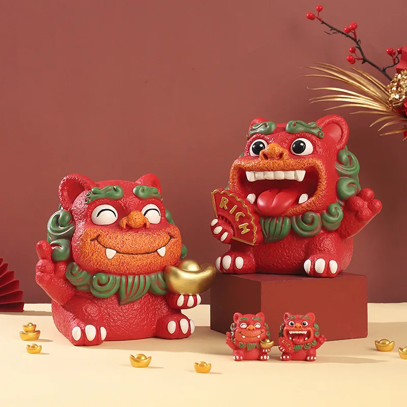 

Chinese Style Little Lucky Lion Resin Ornament with Joyful Style and Lion Awakening Decoration Small Ornament