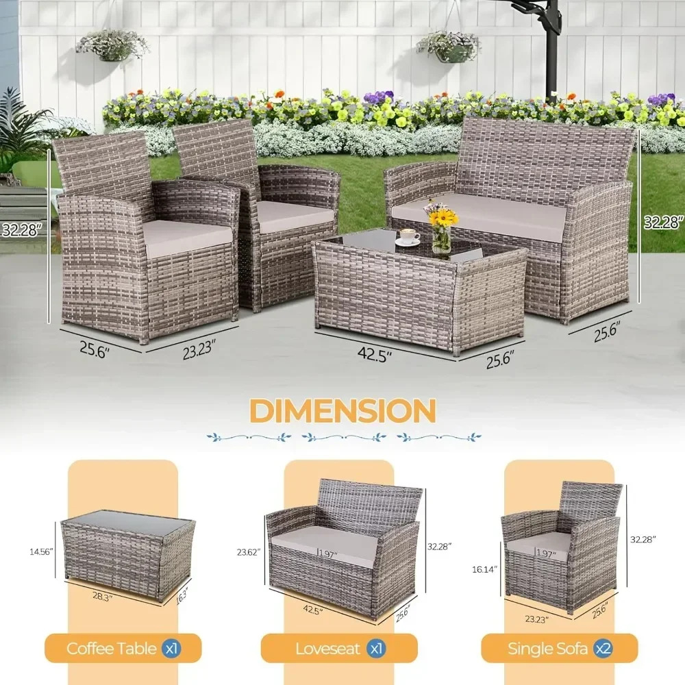 Wicker Sectional Conversation Sofa Set, Rattan Table and Chairs and Loveseat with Cushions for Outside Balcony Porch Backyard