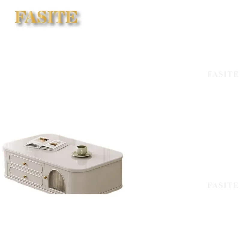 For Living Room Light Luxury TV Cabinet and Coffee Table Combo Solid Wood Cream Style White High End New Arc Edge Storage