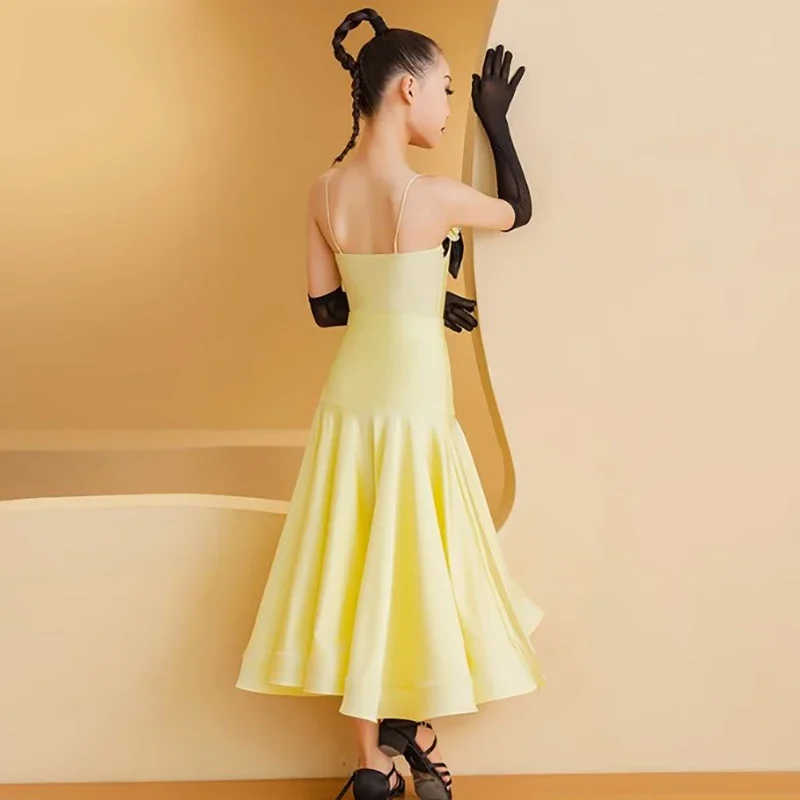 Kids Girls Strap Bowknot National Standard Dancewear Waltz Large Swing Skirt Children Performance Competition Costume Dancewear