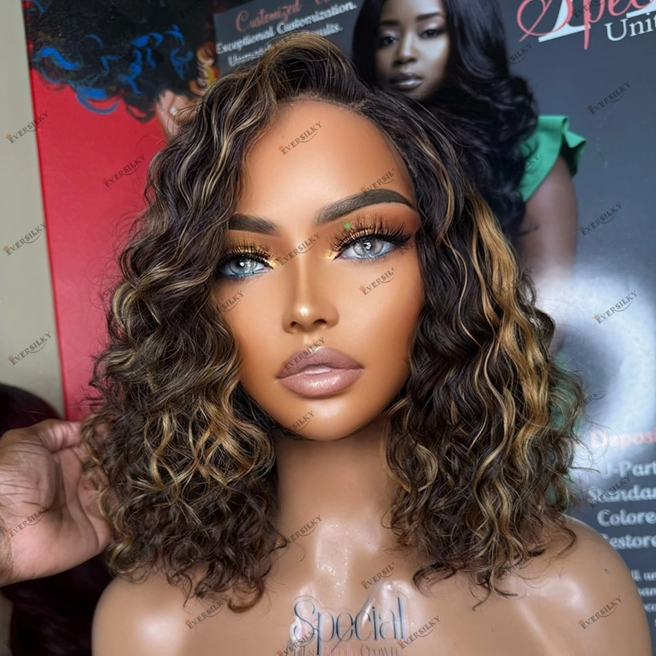 

Indian Short Bob Highlight Human Hair Lace Front Wigs Curly Remy Indian Hair 5x5 HD Lace Closure Wig for Summer Hairstyle BOB