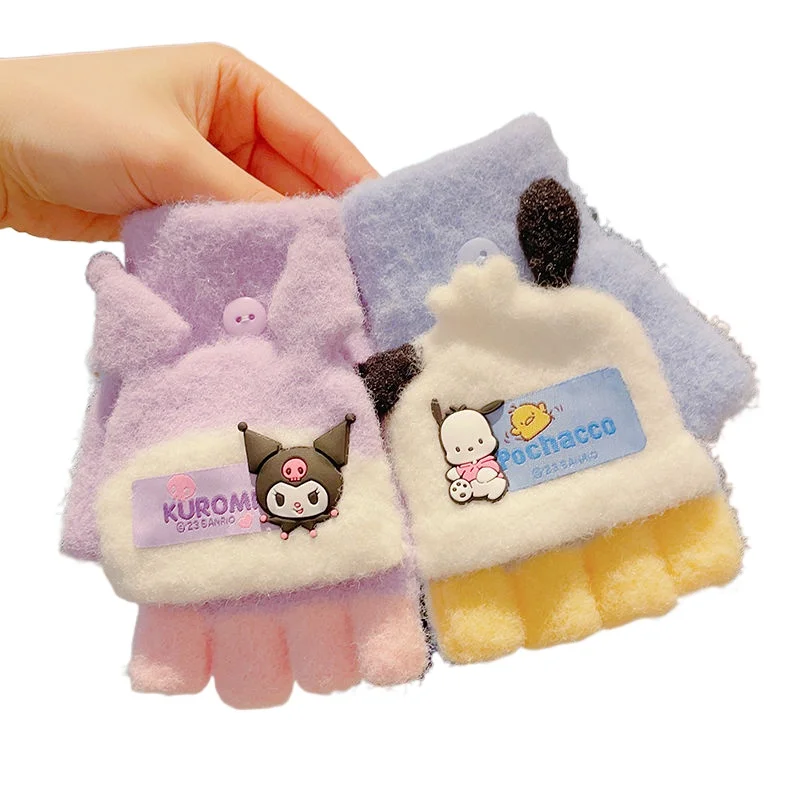 Sanrio children's gloves Kuromi cartoon cute winter warm half-finger exposed touch screen flip male and female students gloves