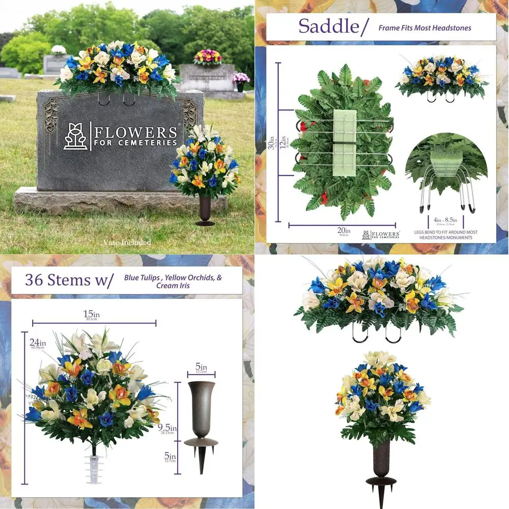 

Набор для украшения кладбища: яркие тюльпаны и белые ирисы с вазой