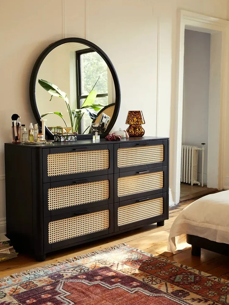 

French solid wood chest of drawers, retro rattan storage cabinet, wabi-sabi style, small household entryway, drawer storage