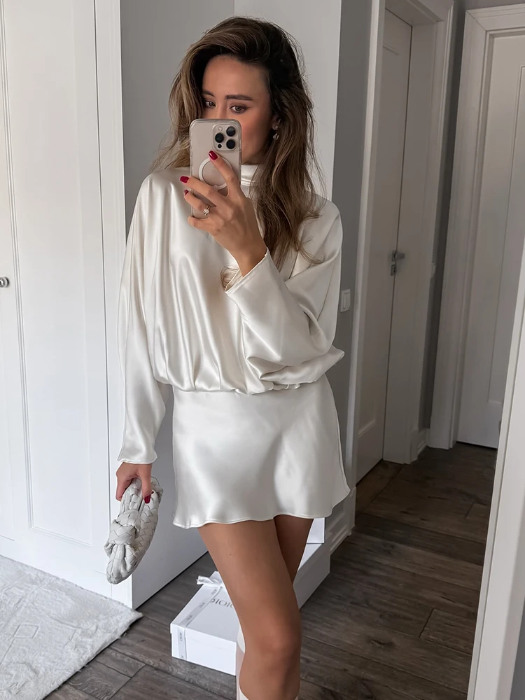 HH femme élégante Mini robe soie Satin Texture à manches longues col roulé avec écharpe solide fête mode Vintage robe Sexy Mujer