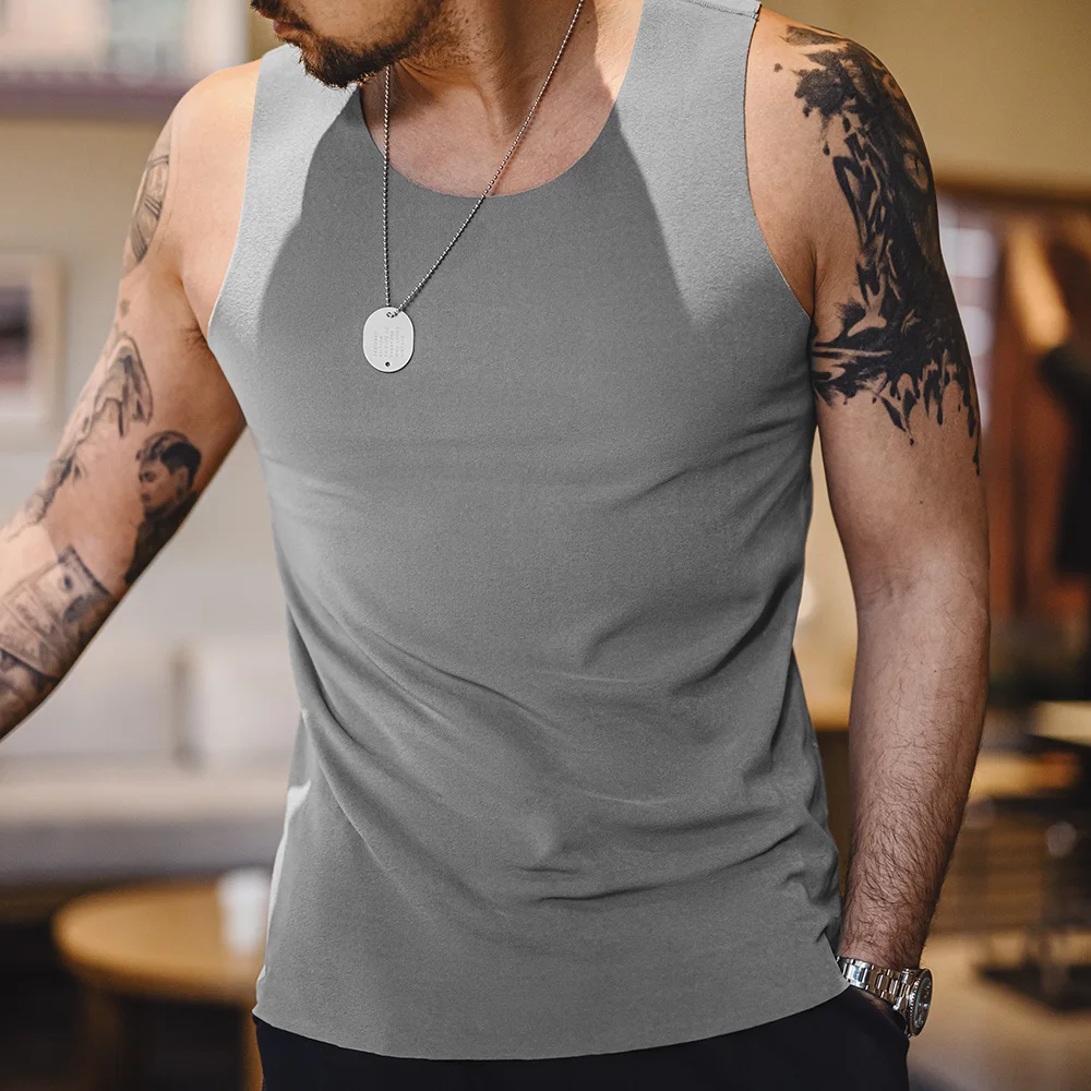 Maden Casual Solid Color Fleece Tank Tops Inner Layer Basic Tops for Men Versatile Seamless Vest Autumn Slim Fit Sleeveless Vest