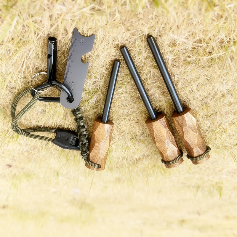 Outdoor Solid Wood Handle Fire Starting Rod Magnesium Scraper Camping Fire Starter Tool Cigarette Accessories Tool