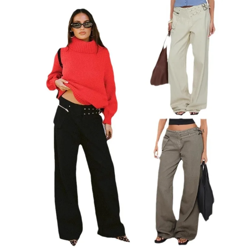 2025 Personalized Street Adjustable Buckle Waist Side Pocket Details Loose Trousers