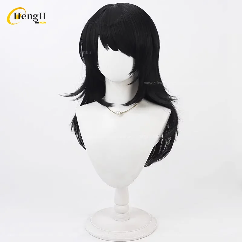 Peluca y pendientes negros de Anime de pelo sintético Yahata Umiri de 55cm de largo, pelo resistente al calor, pelucas de Anime para fiesta de Halloween para mujer