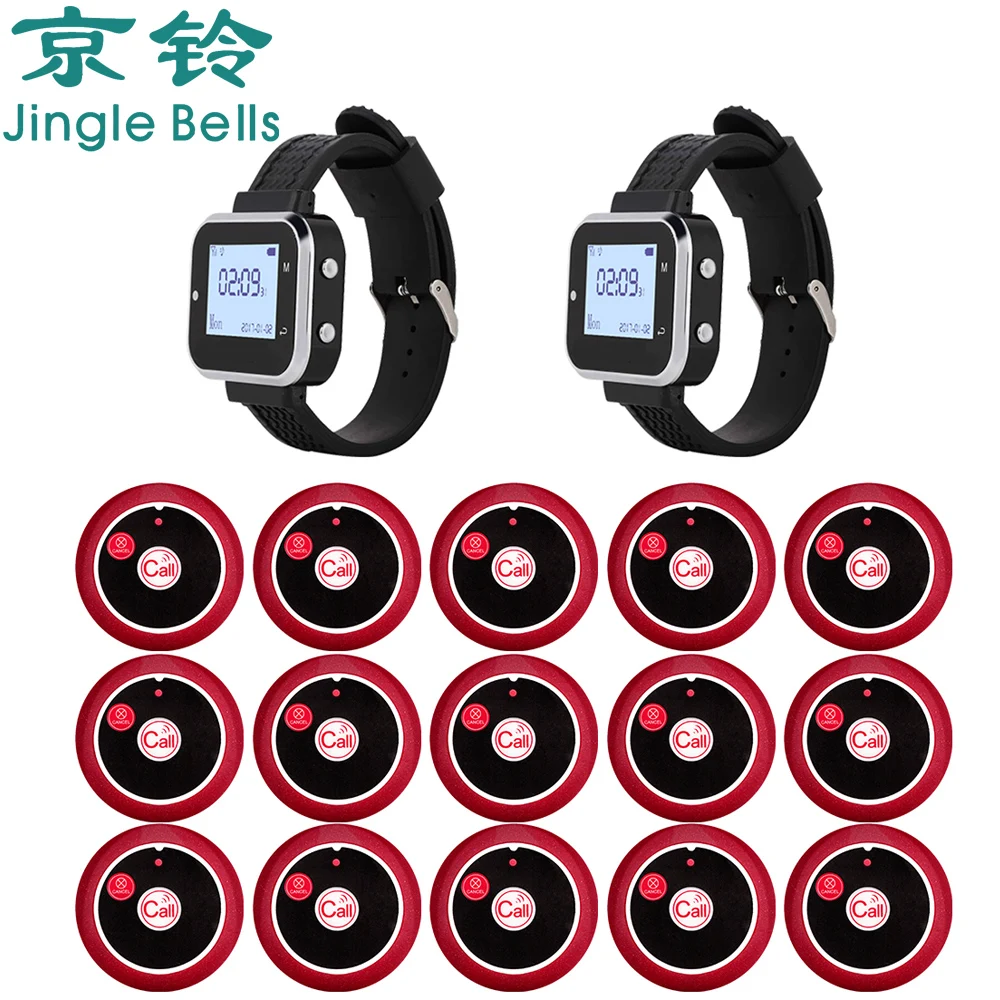 JINGLE BELLS 2 Wrist Watch Receiver 15 Waiter Table Button Wireless Calling Systems Transmitter for Restaurants Hotel Pager