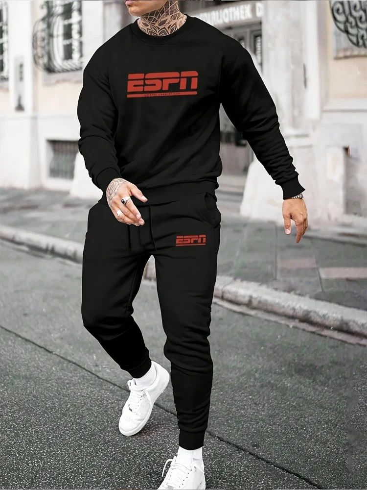 Men's Set Streetwear Casual Letter Print Long-Sleeve Hoodie With Fashionable Sweatpants Two-Piece Set Autumn Men's Set