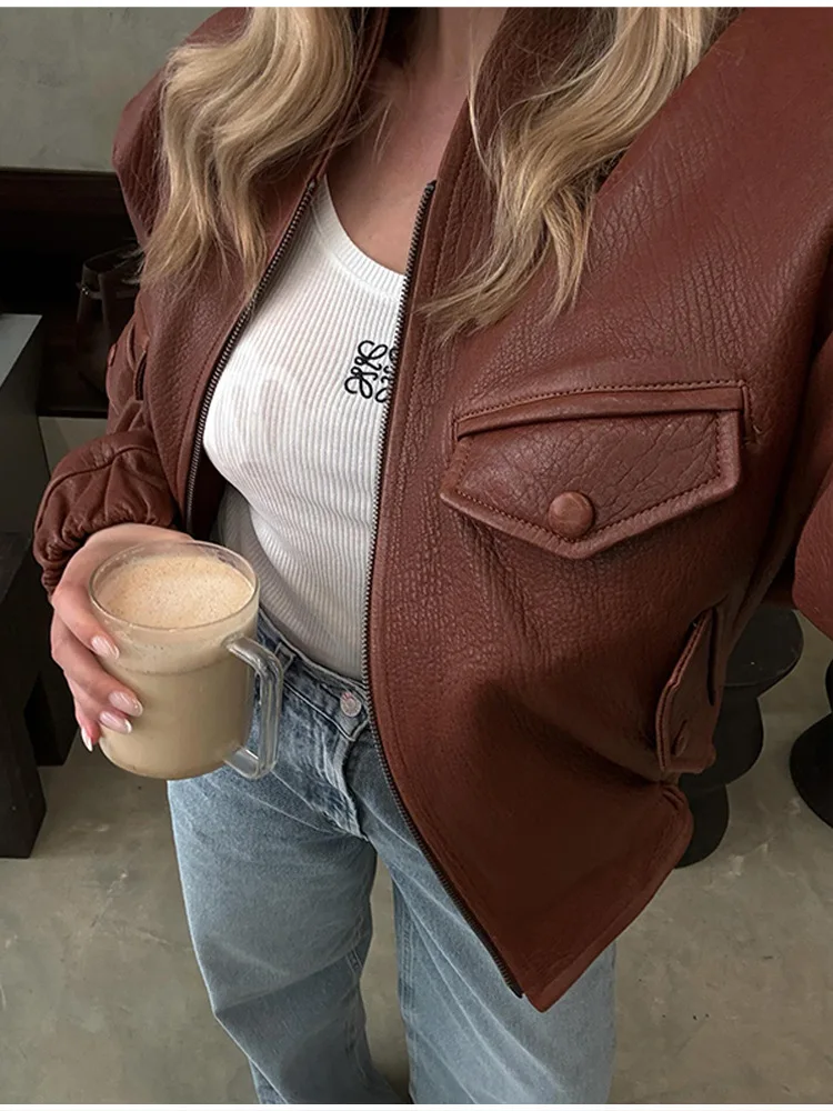 Giacca in pelle da donna autunno 2025 con giacca da pendolare personalizzata con tasca con cerniera e collo rotondo