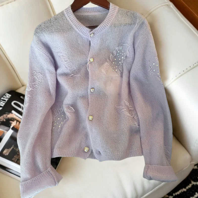 

Женский вязаный кардиган с тяжелыми бусинами и блестками, новый стиль, корейский нежный весенне-осенний модный свитер с круглым вырезом, топ