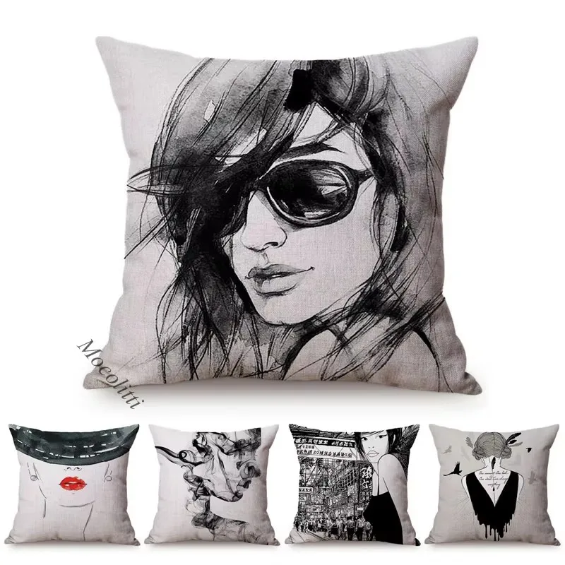 Sketch Hand-Painted Woman Portrait Cotton Linen Throw Pillow Case Fashion Girl Room Sofa Decoration Cushion Cover Cojines