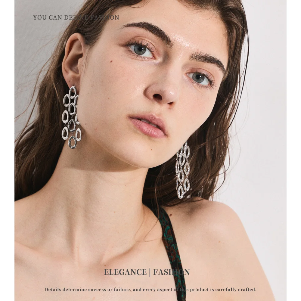 NiNice Earrings Stainless Steel for Women Circle Link Pendant Fashionable Design Exaggerated Personality Heavy Industry New Gift