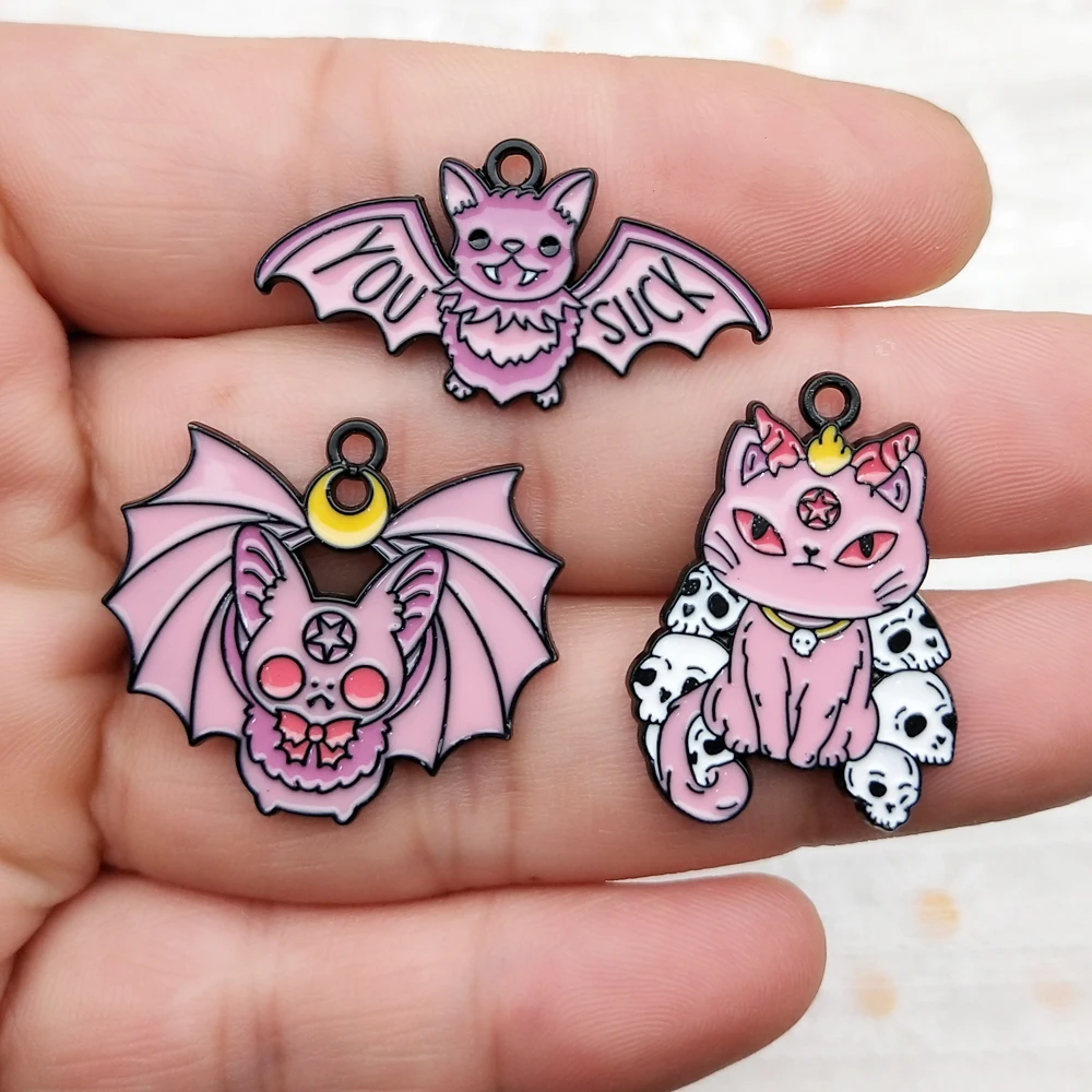 10pcs Bat Charm for Jewelry Making Enamel Phone Keychain Earring Pendant Diy Accessories Alloy Metal Black Plated